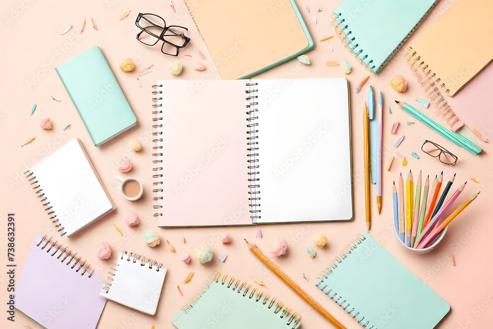 Desktop with notebooks mockup over pastel background. School and office stationary. Back to school, home office, begining of studies concept. Top view, flat lay Desktop with notebooks mockup over pastel background. School and office stationary. Back to school, home office, begining of studies concept. Top view, flat lay