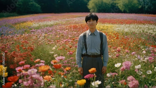 happy Shinji Ikari standing in a beautiful field of flowers, colorful flowers everywhere, perfect lighting, leica summicron 35mm f2.0, Kodak Portra 400, film grain