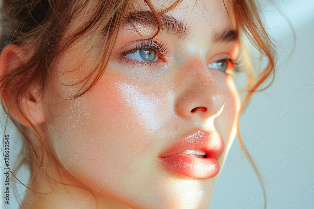 Close-Up Portrait of a Woman With Sparkling Makeup and Striking Blue Eyes Close-Up Portrait of a Woman With Sparkling Makeup and Striking Blue Eyes