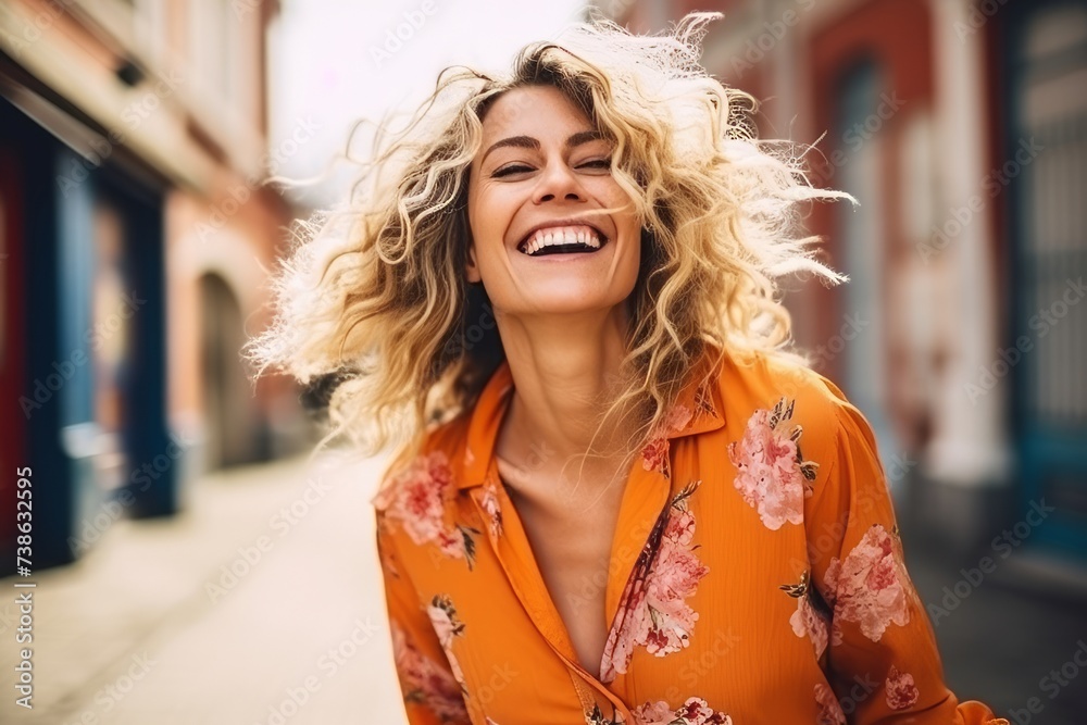 Portrait of a beautiful young woman laughing and looking at the camera.