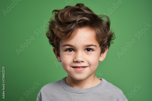 Portrait of a cute little boy smiling at camera over green background.