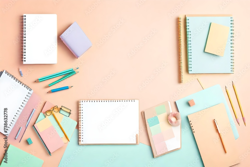 Desktop with notebooks mockup over pastel background. School and office stationary. Back to school, home office, begining of studies concept. Top view, flat lay Desktop with notebooks mockup over pastel background. School and office stationary. Back to school, home office, begining of studies concept. Top view, flat lay