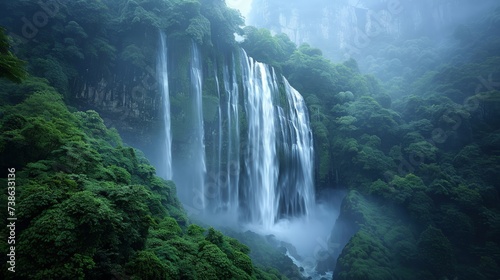 Waterfall in a tropical forest, high angle, rainy season, soft natural light, misty and fresh