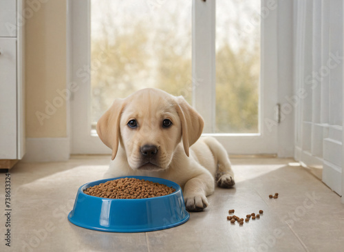 A little labrador puppy gazes thoughtfully at a blue bowl brimming with dog food, scattered on a light beige floor, light through the window in the background