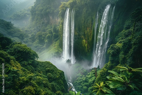 Waterfall in a tropical forest, high angle, rainy season, soft natural light, misty and fresh