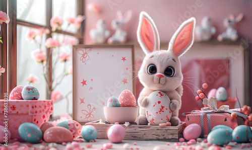 Cute easter bunny with easter eggs on pink background. easter wallpaper © VictoriaEmerson