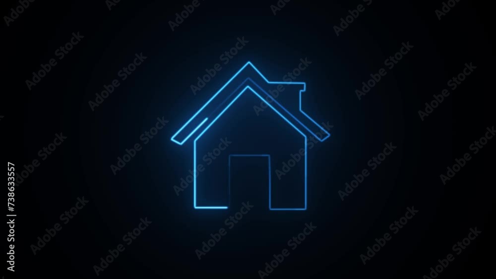 Glowing neon line Map pointer with house icon isolated on black background. Home location marker symbol. Glowing neon line Map pointer with house icon isolated on black background. Home location marker symbol.