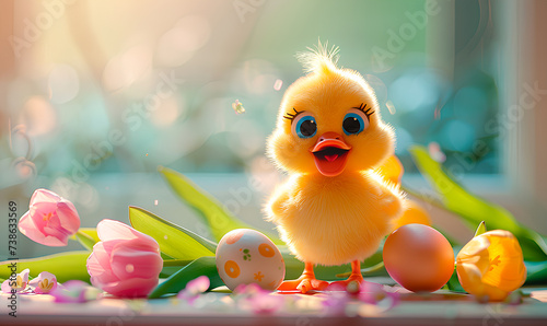 Easter background with cute yellow chicken, tulips and easter eggs photo