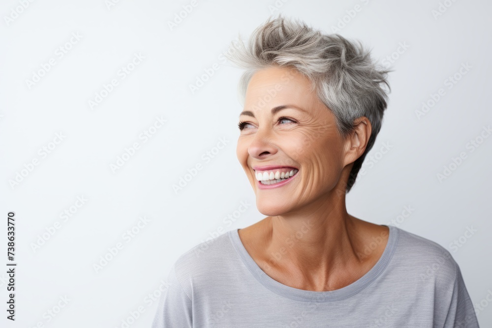 Closeup portrait of happy senior woman with grey hair. Isolated on grey background Closeup portrait of happy senior woman with grey hair. Isolated on grey background