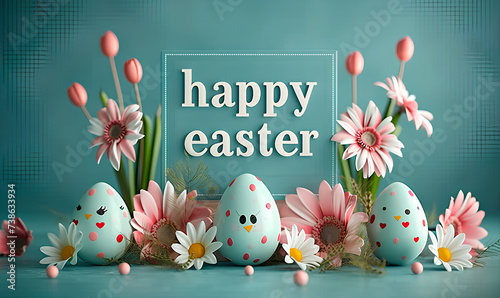 easter cartoon background with colored eggs and flowers