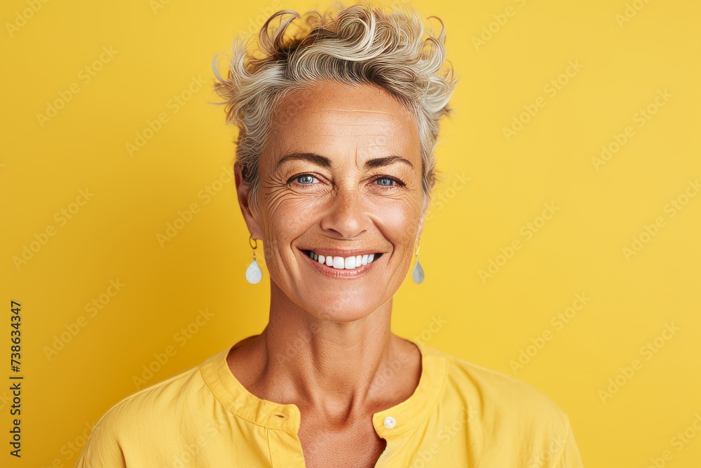 Portrait of smiling senior woman looking at camera isolated on yellow background Portrait of smiling senior woman looking at camera isolated on yellow background