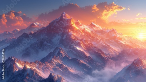 Snow-Covered Alpine Peaks at Sunset  A picturesque view of snow-capped alpine peaks bathed in the warm hues of a setting sun. 