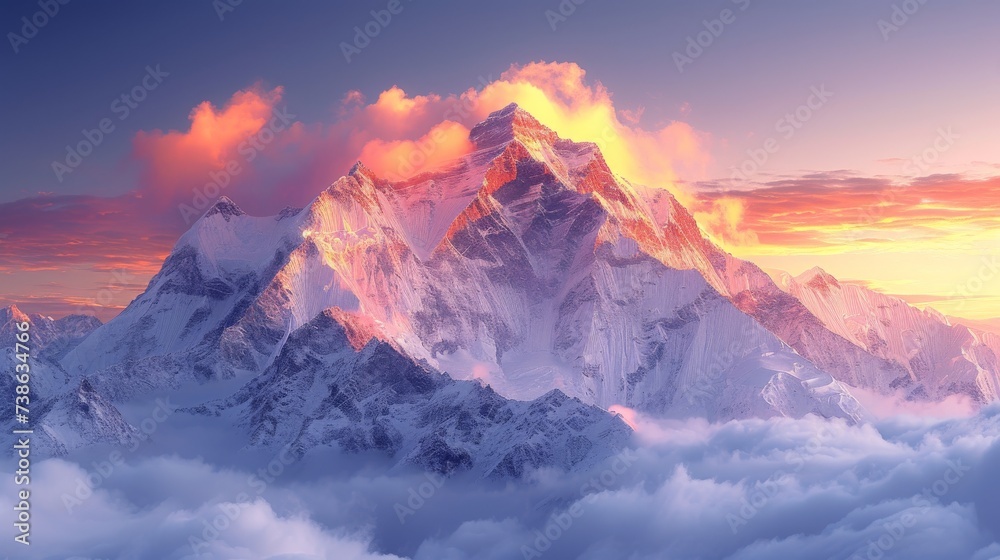 Snow-Covered Alpine Peaks at Sunset: A picturesque view of snow-capped alpine peaks bathed in the warm hues of a setting sun. 