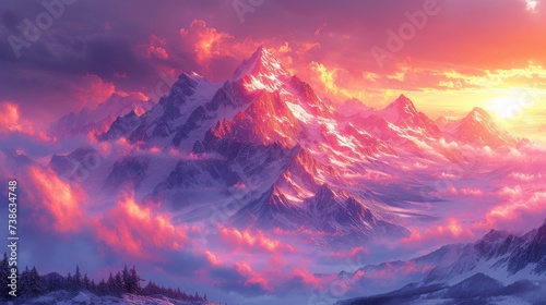 Snow-Covered Alpine Peaks at Sunset: A picturesque view of snow-capped alpine peaks bathed in the warm hues of a setting sun. 