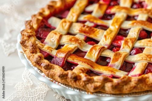 A close up view of a delicious pie sitting on a table. Perfect for food and baking related projects