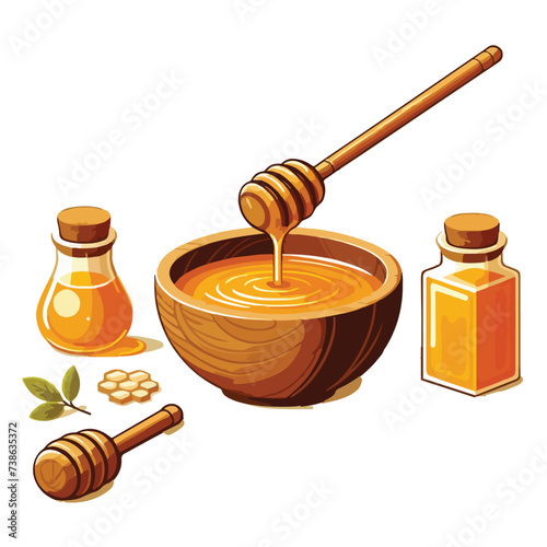 honey jar and stick with liquid honey flowing on honeycomb pieces in a puddle flat vector