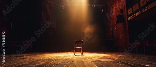 Solitary Chair on Theater Stage, Dramatic Single Spotlight in Empty Venue. The concept of theatrical art