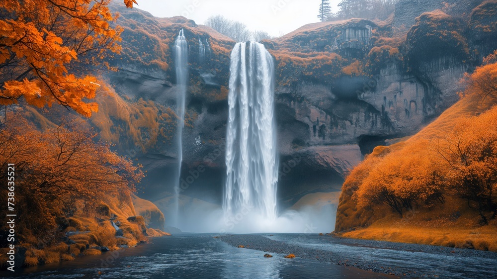 A majestic waterfall cascades down a mountain, surrounded by vibrant orange trees and a tranquil river, showcasing the beauty of nature in its autumnal glory