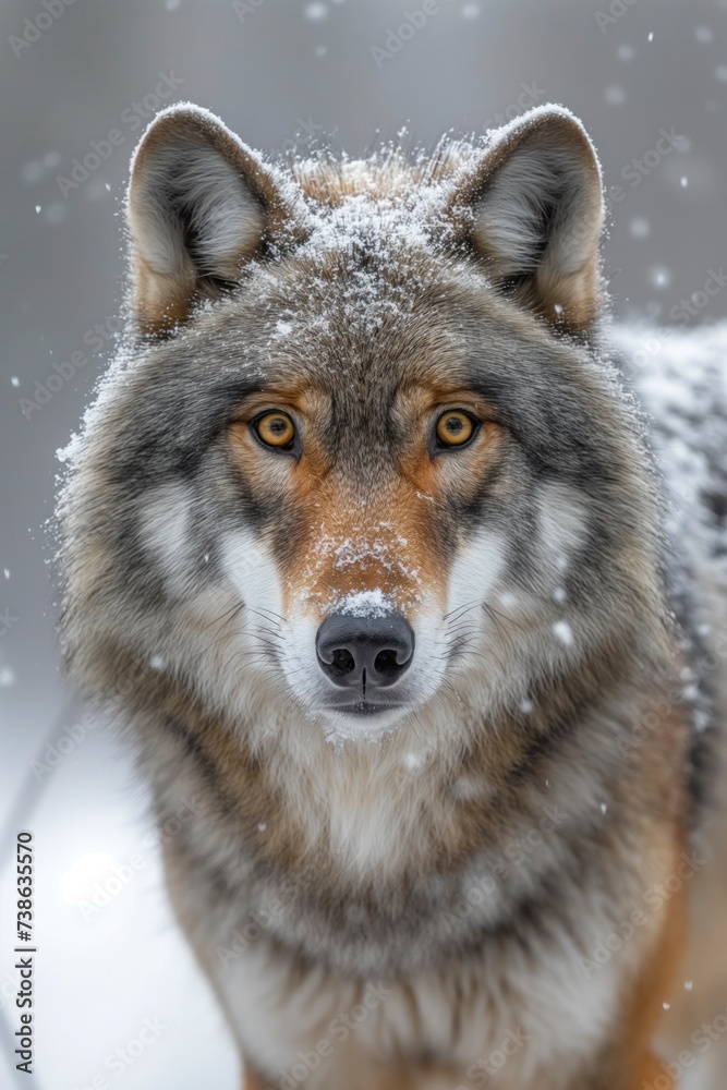 Obraz premium A majestic wolfdog stands in the wintry wilderness, snow dusting its head, embodying the resilience and beauty of nature's wild creatures