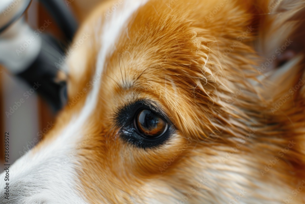 Close-up of a dog's face with a hair dryer in the background. Suitable for pet grooming and hygiene concepts