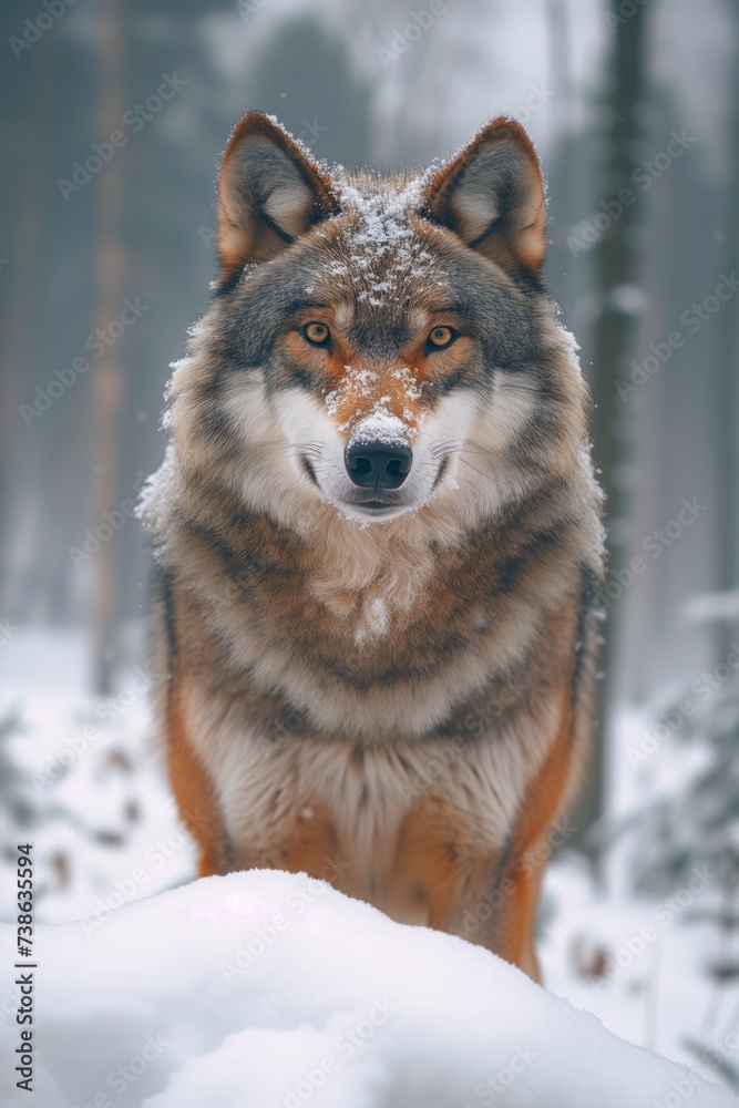 Fototapeta premium A majestic wolf braves the freezing winter as it stands tall in the snowy landscape, embodying the strength and resilience of its wild canine kin