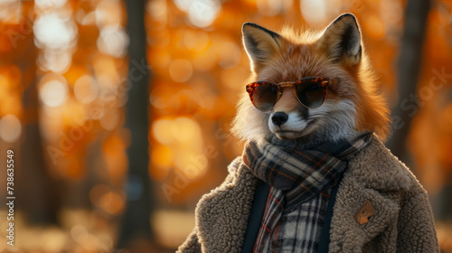 Fashion-forward fox in a faux fur coat  wearing oversized sunglasses  amidst a woodland chic backdrop  lit with dappled sunlight  emanating effortless style and charm