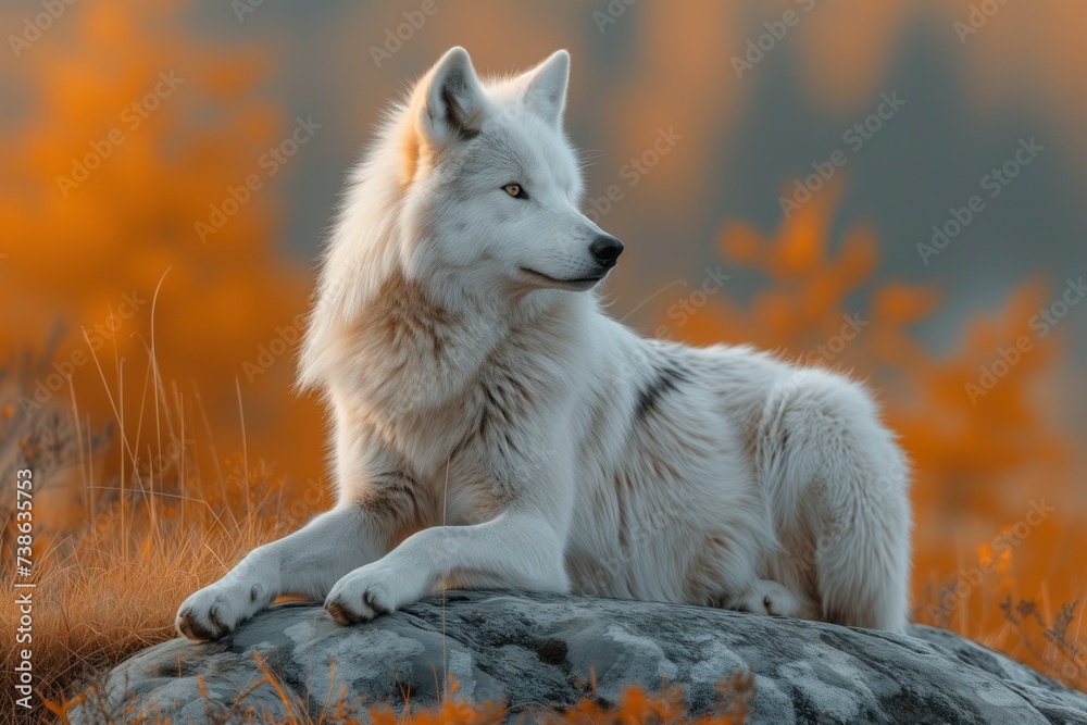 Obraz premium A majestic white wolf basks in the warm glow of the sun, its snout pointed towards the sky as it rests on a rugged rock, embodying the untamed beauty of the wild