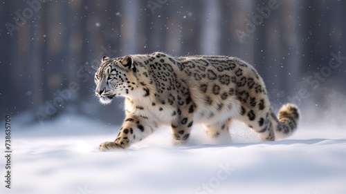 A majestic snow leopard gracefully traverses through a wintry landscape, embodying the raw power and resilience of the felidae family in the face of harsh winter conditions
