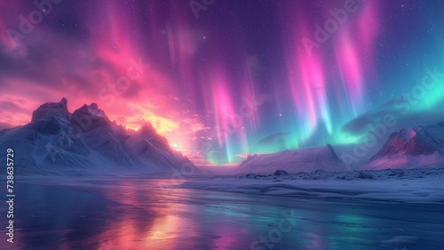 A breathtaking display of nature s magic  as the vibrant aurora dances above a serene snowy mountain  illuminating the night sky with a stunning blend of colors