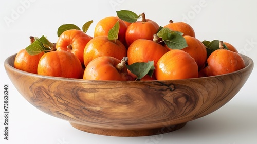 Fresh sweet and poised persimmons set over a white setting over a wooden dish and space, Generative AI.