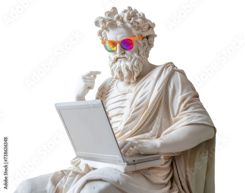Greek statue with laptop wear colorful sunglasses