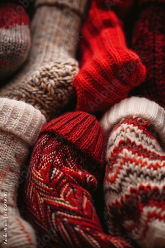 A pile of socks and mittens neatly stacked on top of each other. Perfect for winter fashion or organizing accessories