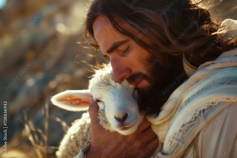 A man with long hair embracing a sheep. Suitable for animal lovers and agricultural themes