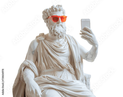 Ancient Marble Greek statue with phone wear colorful sunglasses