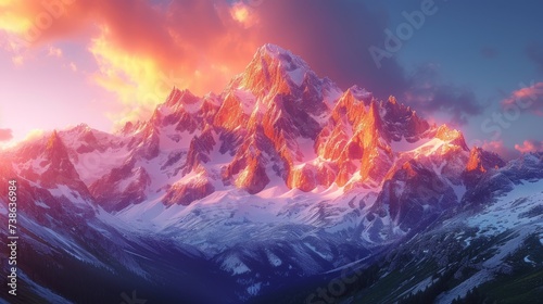 Snow-Covered Alpine Peaks at Sunset: A picturesque view of snow-capped alpine peaks bathed in the warm hues of a setting sun. 
