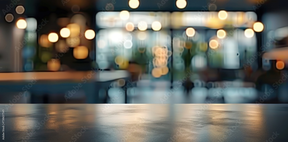 Fototapeta premium Empty wooden table in cafe setting ideal for product display featuring blurred bokeh background creating abstract for bar restaurant or coffee shop interior space for celebration business or lifestyle