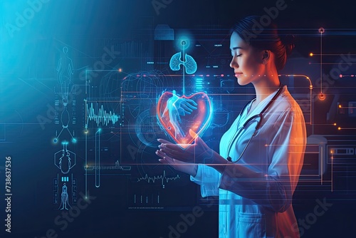 heart rate concept, female doctor and hologram for healthcare or digital monitor, consulting medicine photo