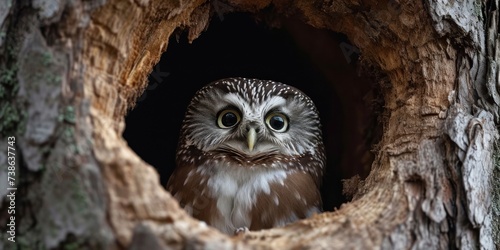 Nesting cavity of Northern Saw-whet Owl, observing outside, Generative AI 