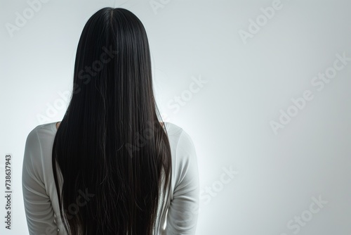Lovely young girl with black, silky hair seen from her rear end over a white backdrop and space, Generative AI.