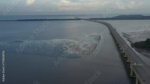 Drone view of a longest bridge in Southeast Asia, known as 'Sultan Haji Omar Ali Saifuddien bridge' previously known as 'Temburong bridge' located in Brunei Darussalam