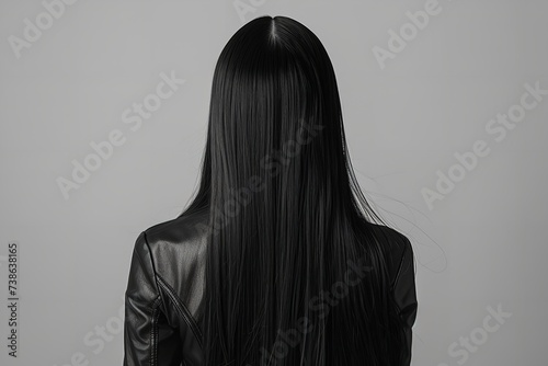 Lovely young girl with black, silky hair seen from her rear end over a white backdrop and space, Generative AI. photo