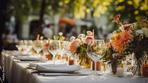 Zastawa stołowa na przyjęciu weselnym - dekoracja stołu weselnego w ogrodzie przez florystę i dekoratora. Piękne bukiety kwiatów na stoliku	 photo