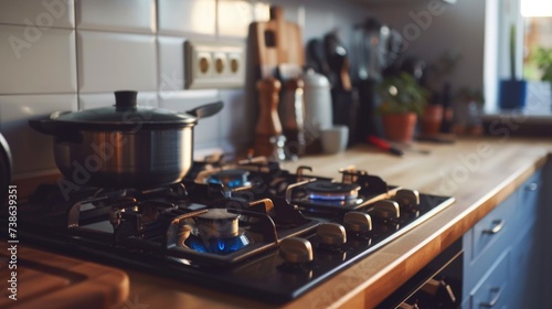 A stove top with a pot placed on top. Ideal for cooking and kitchen-related concepts