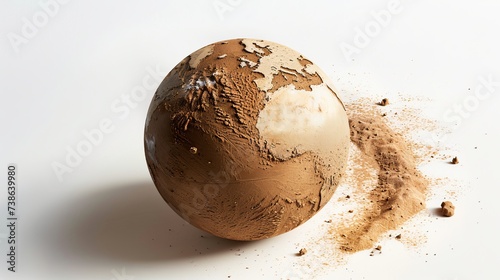 desert earth globe made of sand on white background, drought, global warming, plastic waste, ecology, nature suffering human impact, CSR, fossil fuel