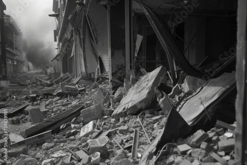 A black and white photo capturing the image of a destroyed building. Suitable for illustrating the concept of devastation and urban decay.