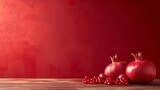 Pomegranate fresh fruit on a bare wooden place over a crimson setting and space, Generative AI.