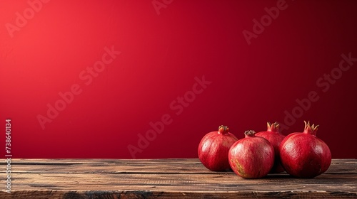 Pomegranate fresh fruit on a bare wooden place over a crimson setting and space, Generative AI.