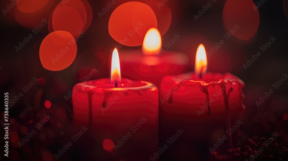 Two red candles sitting next to each other on a table. Suitable for home decor or romantic settings Two red candles sitting next to each other on a table. Suitable for home decor or romantic settings