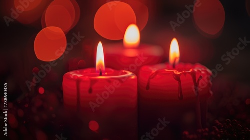 Two red candles sitting next to each other on a table. Suitable for home decor or romantic settings