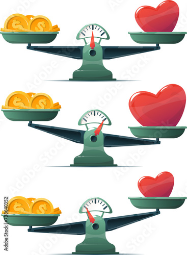 Concept of balance between money and life, coins and heart on scales. Stock vector illustration